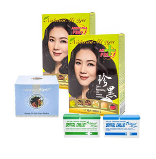 Natural Hair Coloring Shampoo (2 boxes) + Horse oil hair conditioner + Dental Herbal Powder set